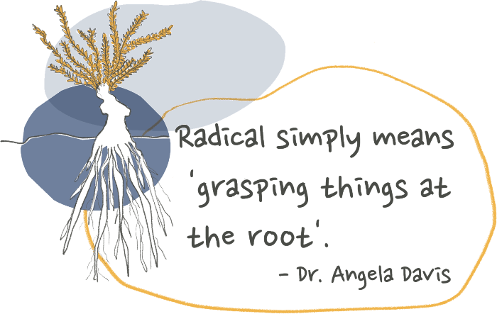 Image of plant and roots with the text “Radical simply means grasping things at the root” -Dr. Angela Davis