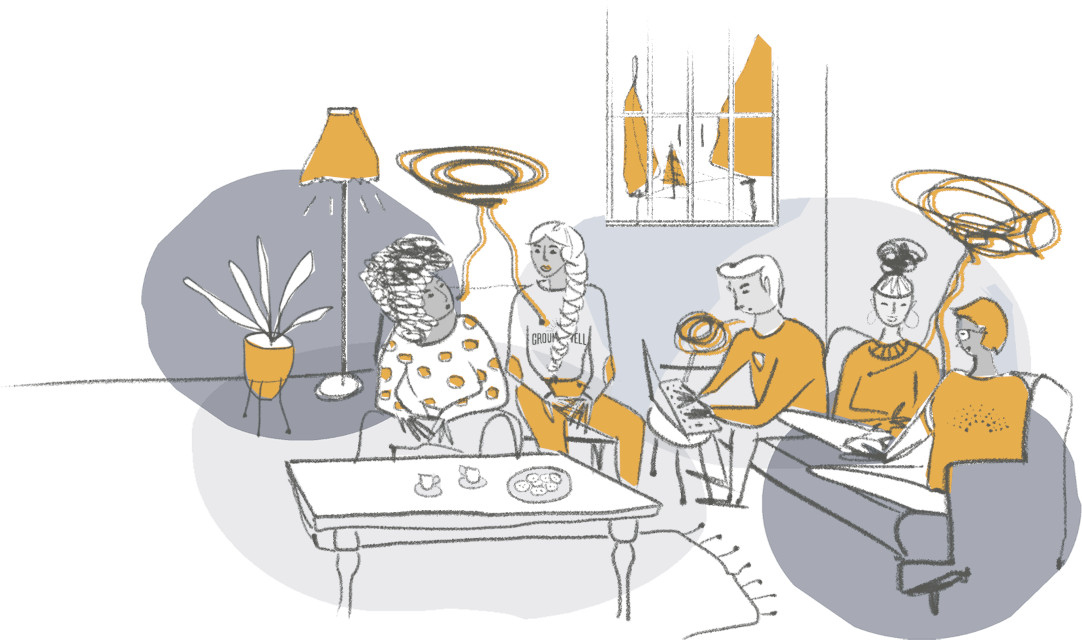 Sketch of friends sitting together in a living room, sharing ideas and chatting.