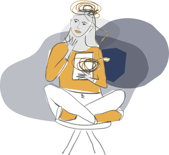 Sketch of Groundswell student sitting cross legged on a stool while holding a tablet.