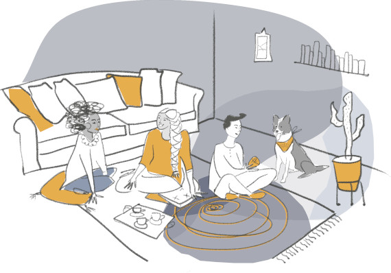 Sketch of friends sitting on the living room floor in front of the couch, drinking tea, chatting and playing with Lily, the dog.